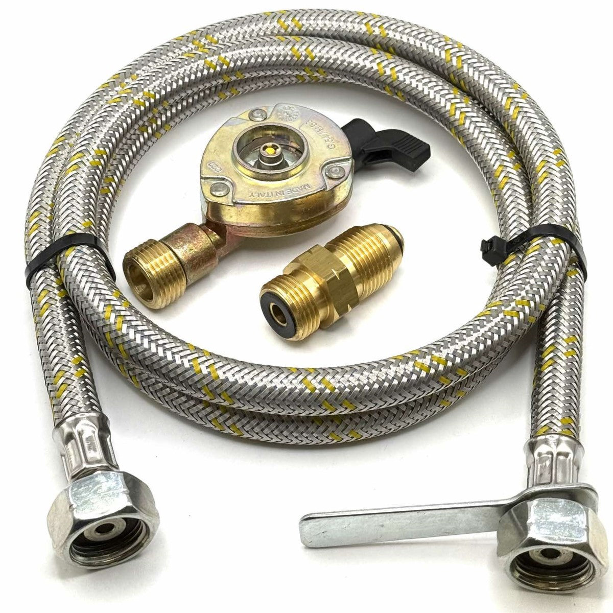 1.5 Meter metal flexible pipe with USA Gas Bottle LH POL Adapter to 21.8 mm LH to butane or KLF German type and 22mm GAS ADAPTER CLIP – ON 21.8 LH