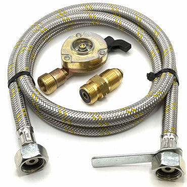 1 Meter metal flexible pipe with USA Gas Bottle LH POL Adapter to 21.8 mm LH to butane or KLF German type and 22mm GAS ADAPTER CLIP – ON 21.8 LH