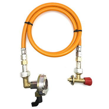 1.5m LPG High Pressure Orange Gas Hose With 27mm Patio Clip On 90 degree Type Gas Bottle Adapter without non return valve and Campingaz Cylinder Valve For Butane 901, 904 and 907 Cylinders Campingas
