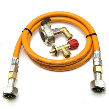 80cm LPG High Pressure Orange Gas Hose With 27mm Patio Clip On 90 degree Type Gas Bottle Adapter without non return valve and Campingaz Cylinder Valve For Butane 901, 904 and 907 Cylinders Campingas