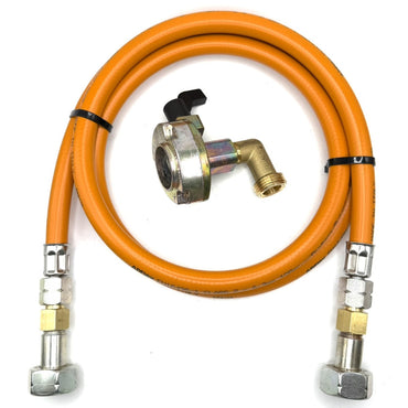 1.5m LPG High Pressure Orange Gas Pipe Hose With 27mm Angled Clip On Type Gas Bottle Adapter without non return valve x 21.8mm LH